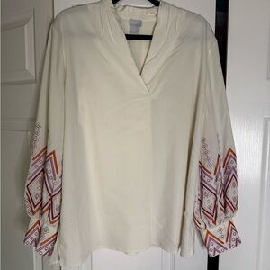 Cream long sleeve top with pink and orange accents